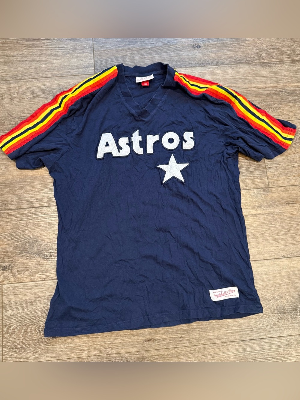 Mitchell & Ness Navy Astros Tee with Red-Orange-Yellow Shoulder Stripes